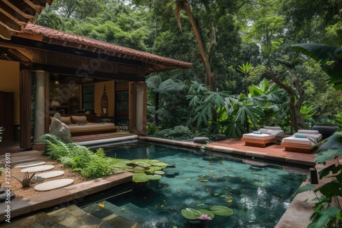 A luxurious spa retreat in a tropical setting, serene pool, lush greenery, embodying relaxation and wellness. Resplendent. © Summit Art Creations