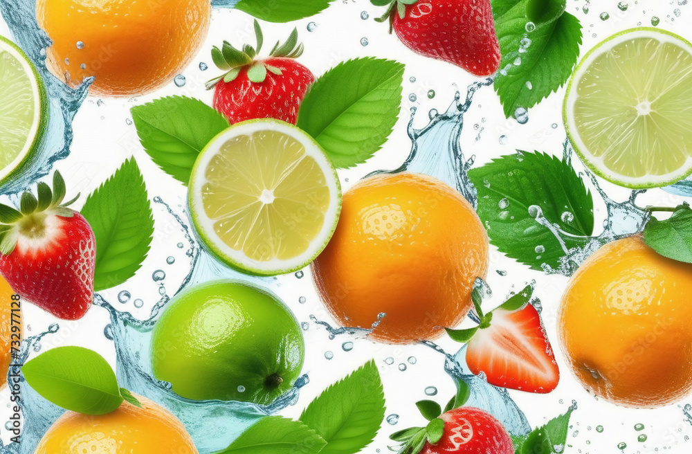 citrus and strawberry splash. fruits and berries flying in the spray. orange and strawberry levitation in the spray