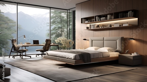 A minimalist bedroom featuring a multifunctional Murphy desk that folds out