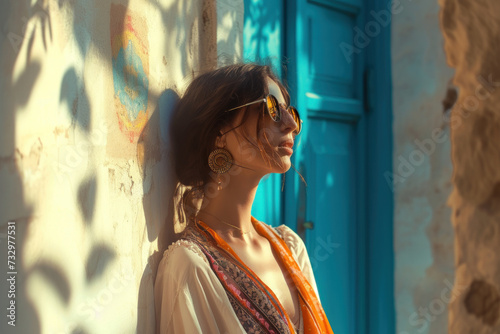 Bohemian Woman Enjoying Warm Sunlight Near Rustic Blue Doorway