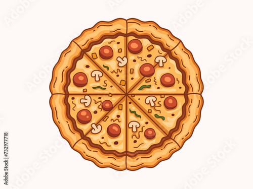 Pizza illustration clip art collection featuring a tantalizing top view of a pizza adorned with savory toppings, as well as a mouthwatering illustration of pizza in a box. 