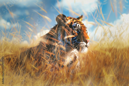 A majestic tiger lies in the grass © Teppi