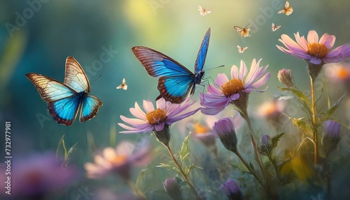 A blue butterfly approaches a fragrant flower  mental health concept