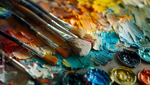 a close up of paint and brushes on a table