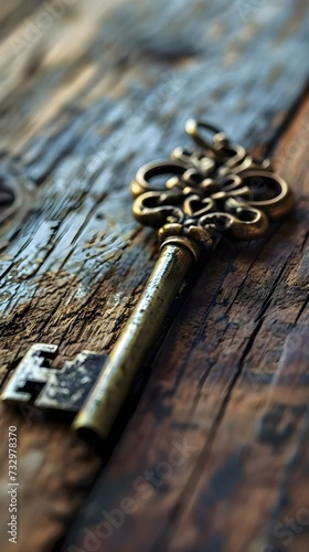 a golden key is sitting on a wooden surface