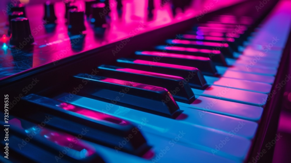 Piano key closeup in neon colors