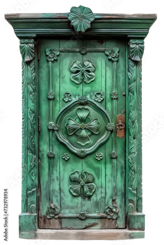 Intricately Carved Green Column or pillar with Shamrock Clover for St. Patrick's Day. isolated on white background or transparent background