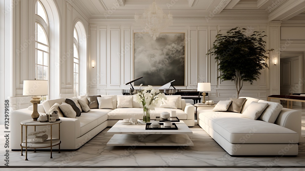 A luxurious living area with a grand sectional sofa and marble-topped tables for an elegant touch