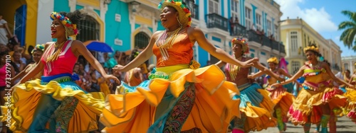 Vibrant Frevo dancers in colorful attire radiate joy at a lively street carnival in Recife, embodying the festive spirit of Brazilian culture. photo