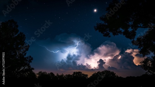 Dramatic night sky with lightning illuminating the clouds, stars twinkling above, and the moon's calm presence amidst the storm's power.