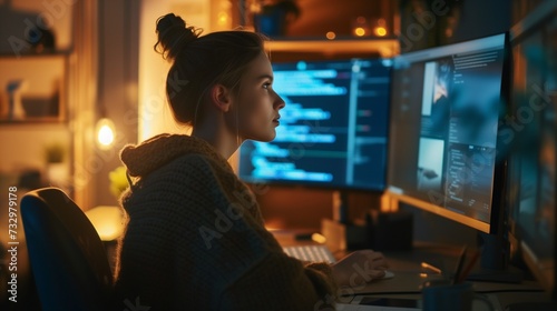 Focused female programmer coding on dual monitors in a home office setting with warm ambient lighting.