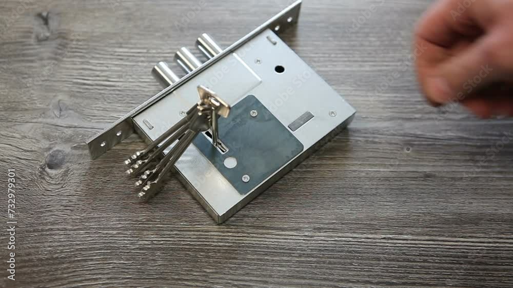 A male locksmith puts a new lever lock with keys on the table.