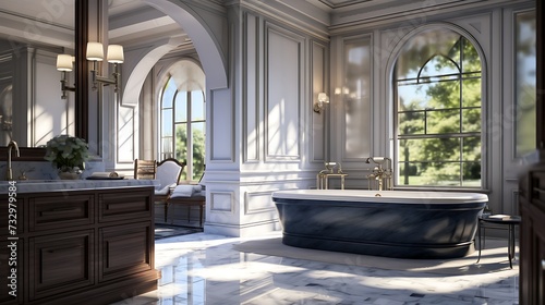 A luxurious bathroom with marble countertops  a double vanity  and a soaking tub