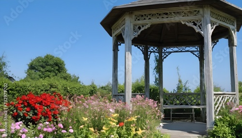 gazebo in a garden with flowers