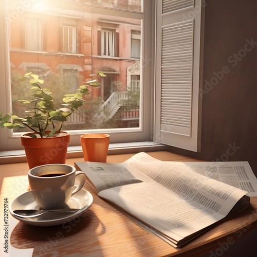 steaming cup of coffee and a neatly folded newspaper on a window sill