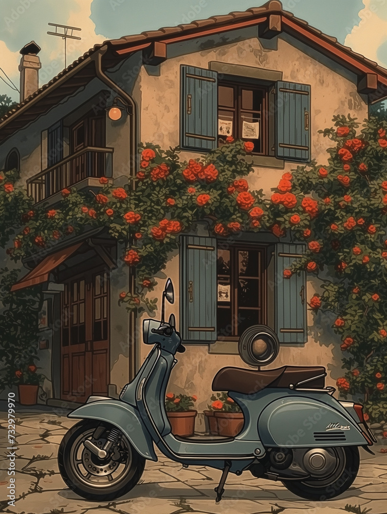 an old bakery building with a motor scooter in front of it, in the style of romantic charm and villagecore. Generative ai.  H010
