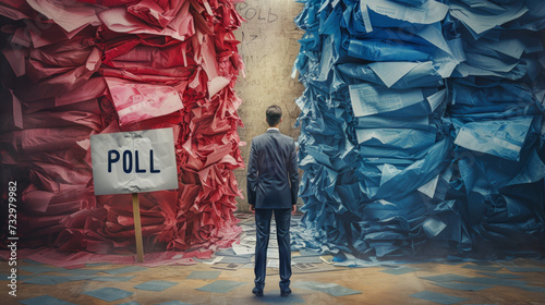 Poll concept image with a man counting ballot paper of two colors blue and red photo