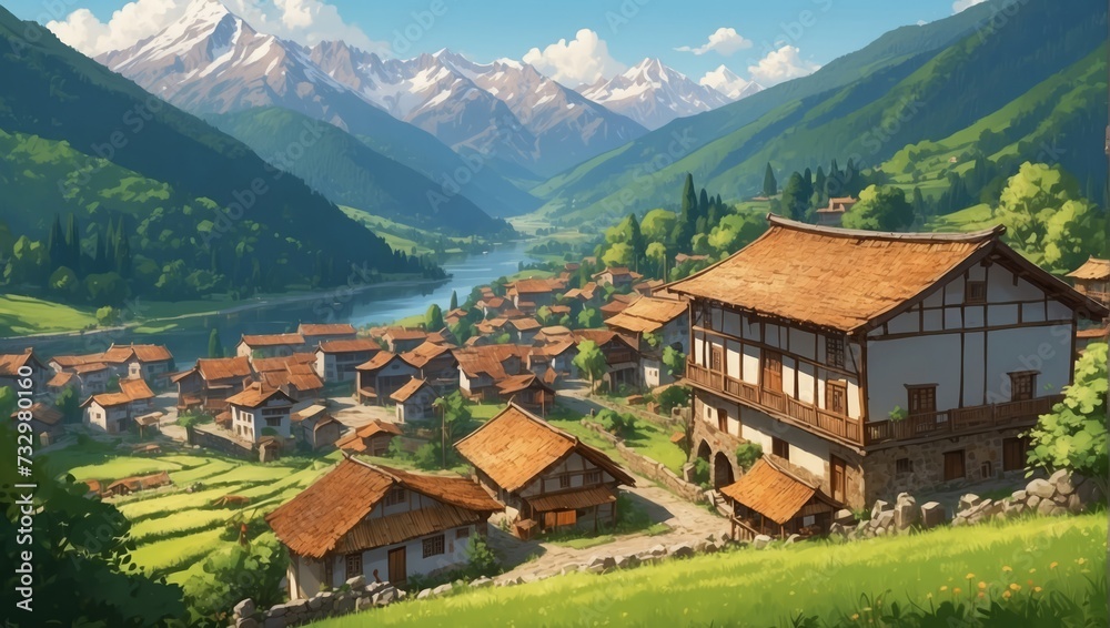 village in the mountains anime style