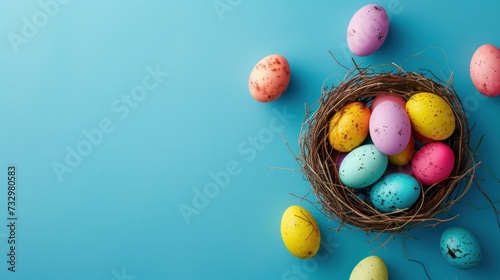 Colorful Easter Nest Flat Lay Playful Eggs Nestled in a Whimsical Nest on a Serene Blue Background