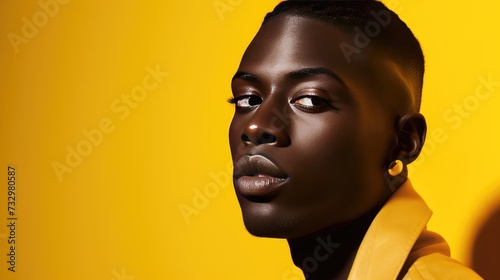 A dark-skinned guy in a yellow shirt and with a yellow earring on a yellow background.