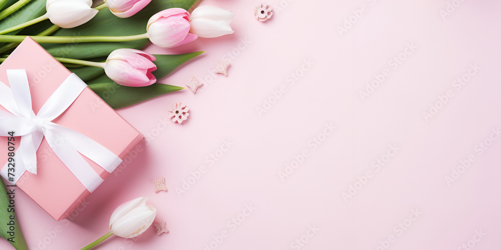 Stylish pink gift box with a ribbon bow and a bouquet of tulips , Top view of gift boxes with bows bouquets of tulips envelope with postcard and sprinkles on isolated pastel pink background 
