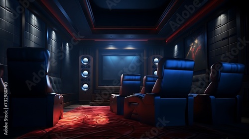 A home theater room with reclining chairs and surround sound speakers photo