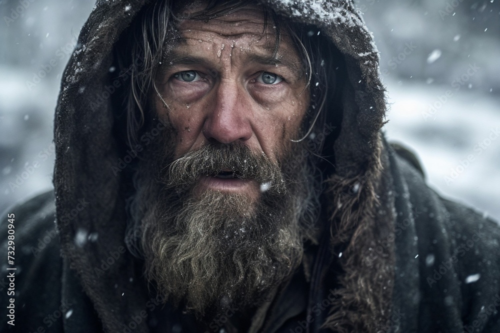 Postrait of a bearded man with a hood in an outdoor setting during snowfall. AI-generated. Postrait of a bearded man with a hood in an outdoor setting during snowfall. AI-generated.