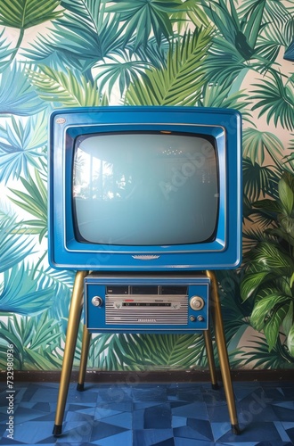 blue and silver retro TV with a screen in front of a tropical wall