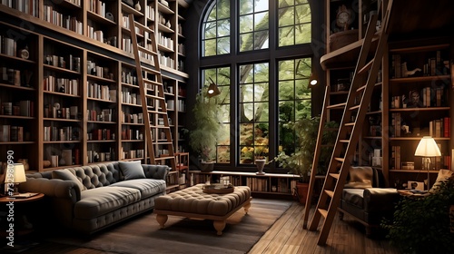 A home library with floor-to-ceiling bookshelves, a cozy reading corner, and a sliding ladder