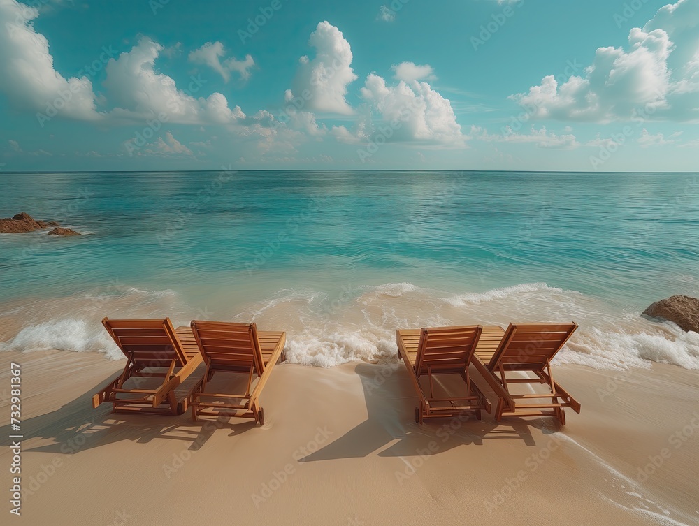 The chairs are set on the beach with the sea and the setting sun.