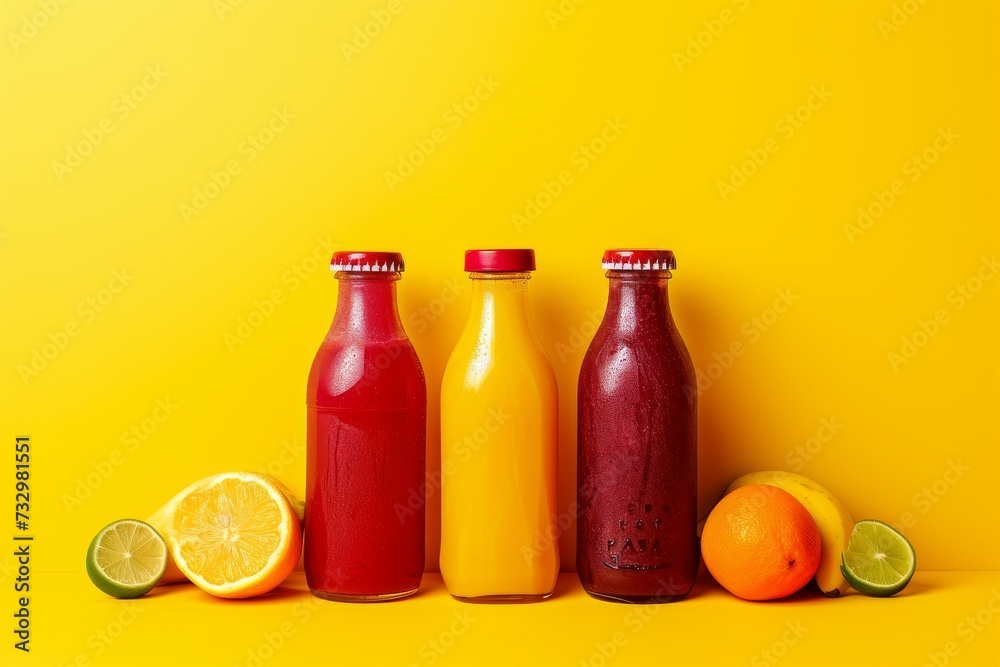 fresh juice bottle set on a yellow background fresh juice bottle set on a yellow background