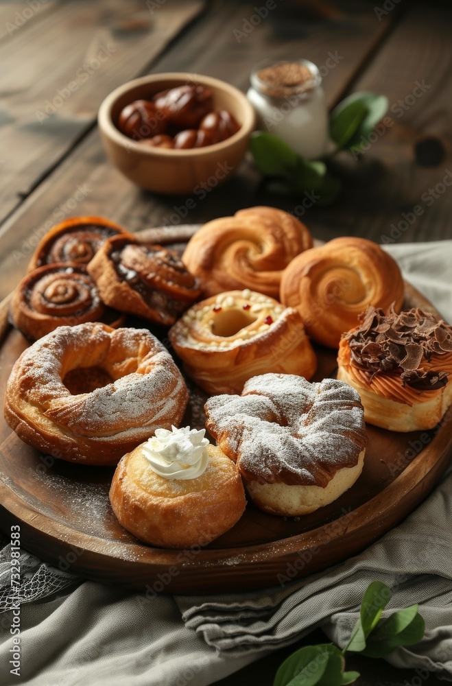 fresh pastries and pastries on a wooden plate