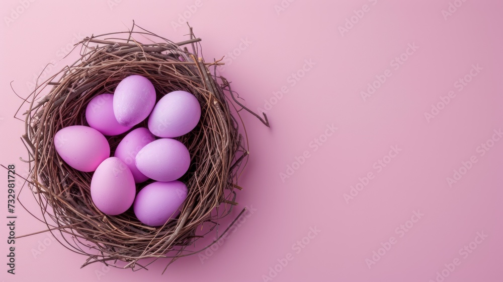 Pastel Purple Easter Egg Nest Flat Lay Whimsical Nest Filled with Serene Purple Eggs on a Soft Pink Background