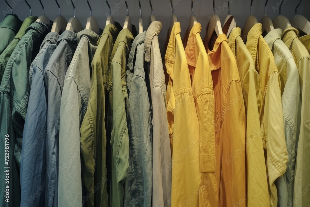 clothing hanging on a rack in green,amber, yellow, and beige