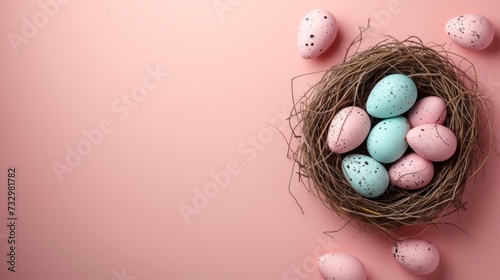 Pastel Colored Easter Egg Nest Flat Lay Whimsical Nest Filled with Delicate Eggs on a Soft Pink Background