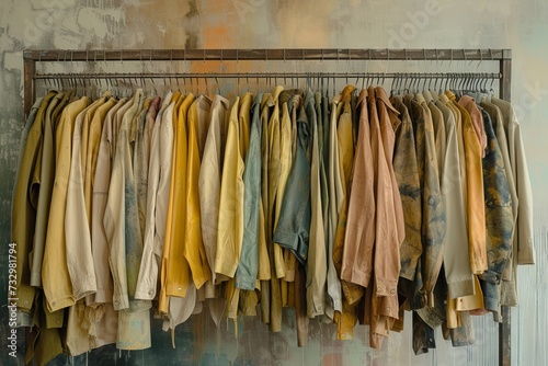 clothing hanging on a rack in green,amber, yellow, and beige
