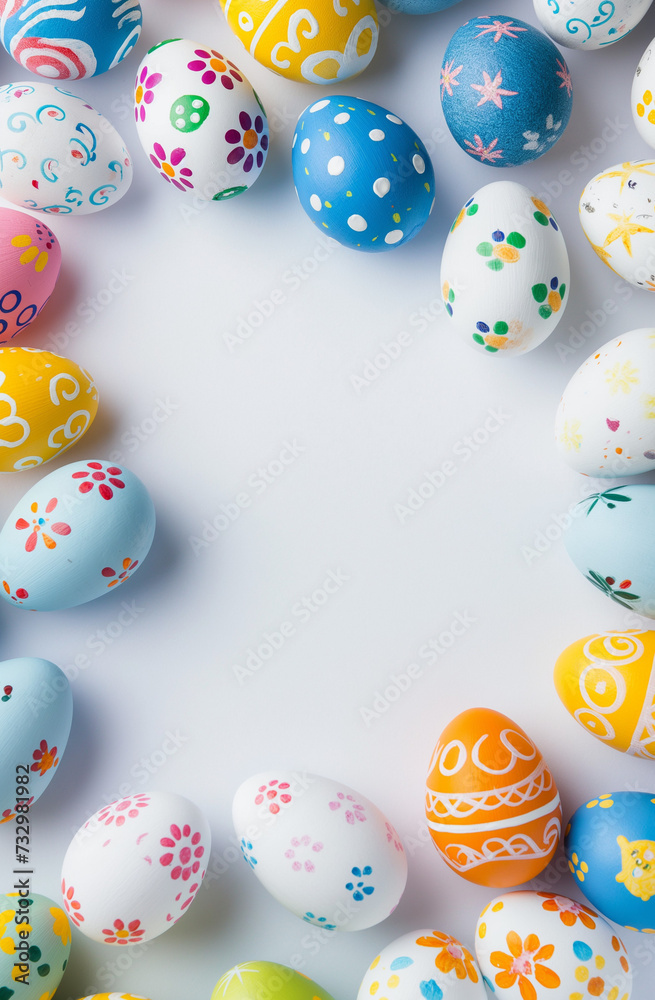 Easter egg frame border with white background. Vertical image.