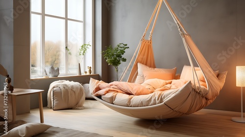 A hanging hammock chair as an unconventional seating choice in a minimalist bedroom photo