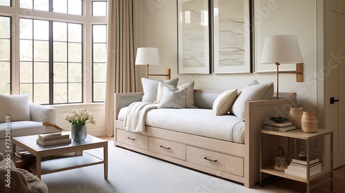 A guest room with a daybed featuring pull-out drawers for extra bedding