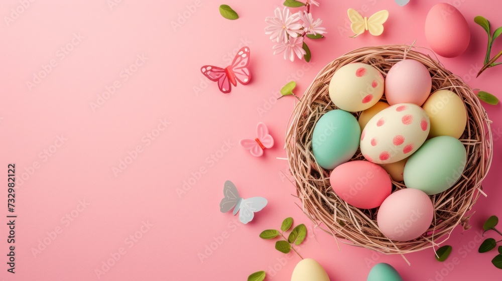A Festive Delight Easter Eggs Nestled in a Basket, Creating a Vibrant Flat Lay Composition A Festive Delight Easter Eggs Nestled in a Basket, Creating a Vibrant Flat Lay Composition
