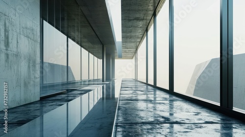 Abstract futuristic glass architecture with empty concrete room wall and floor.