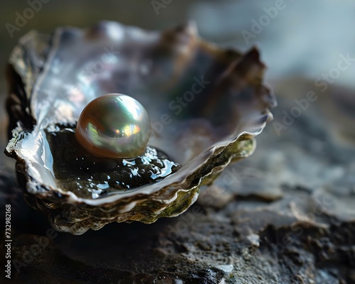 a pearl in a shell on a rock