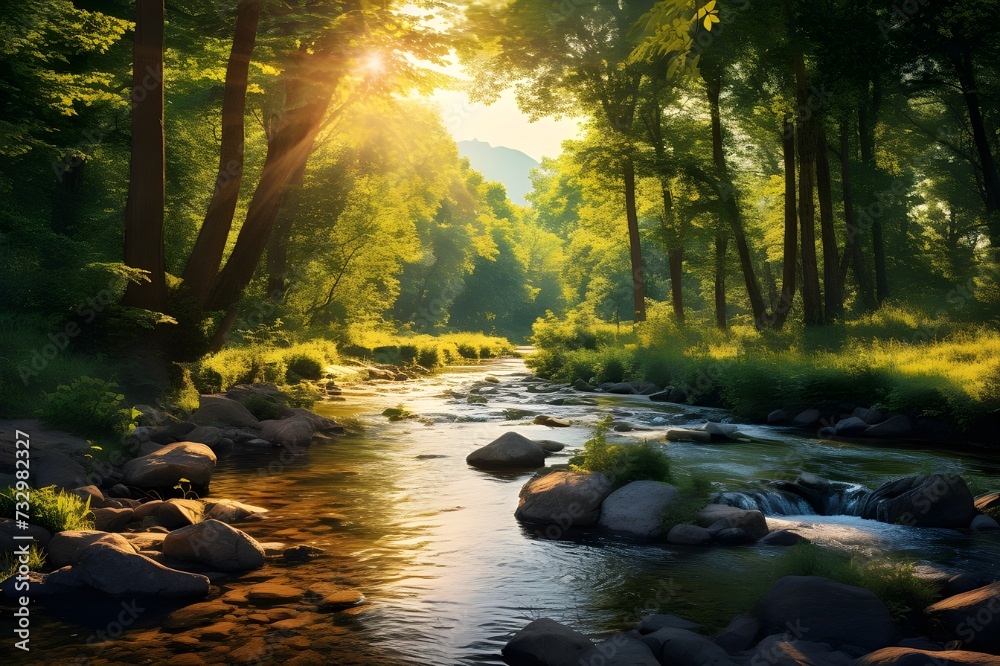 a peaceful river flowing through a forest, with dappled sunlight on the water's surface