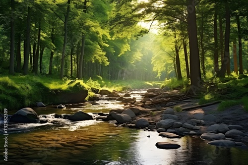 a peaceful river flowing through a forest, with dappled sunlight on the water's surface