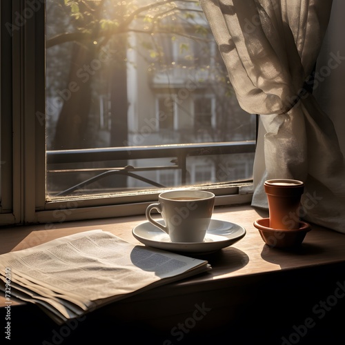 steaming cup of coffee and an open newspaper on a sunlit window sill