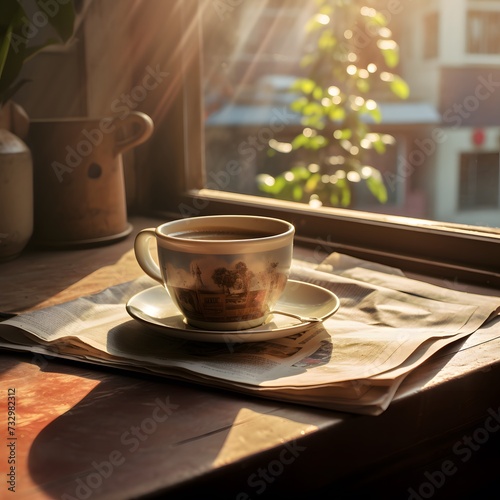 steaming cup of coffee and an open newspaper on a sunlit window sill