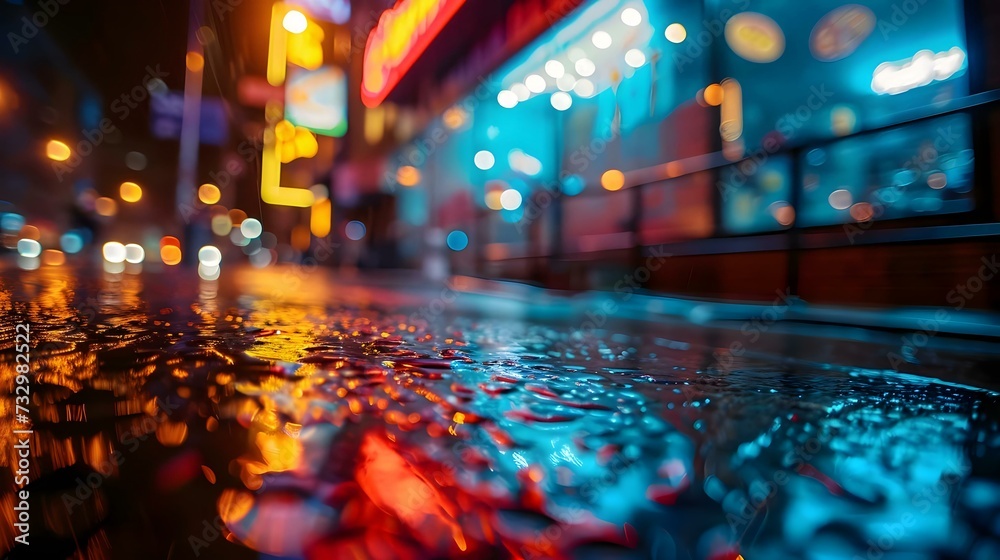 a city street at night with rain drops on the ground