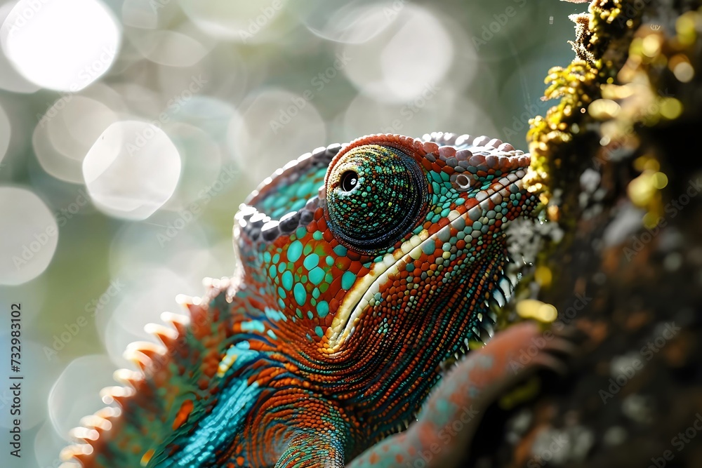 a close up of a colorful chamelon on a tree a close up of a colorful chamelon on a tree