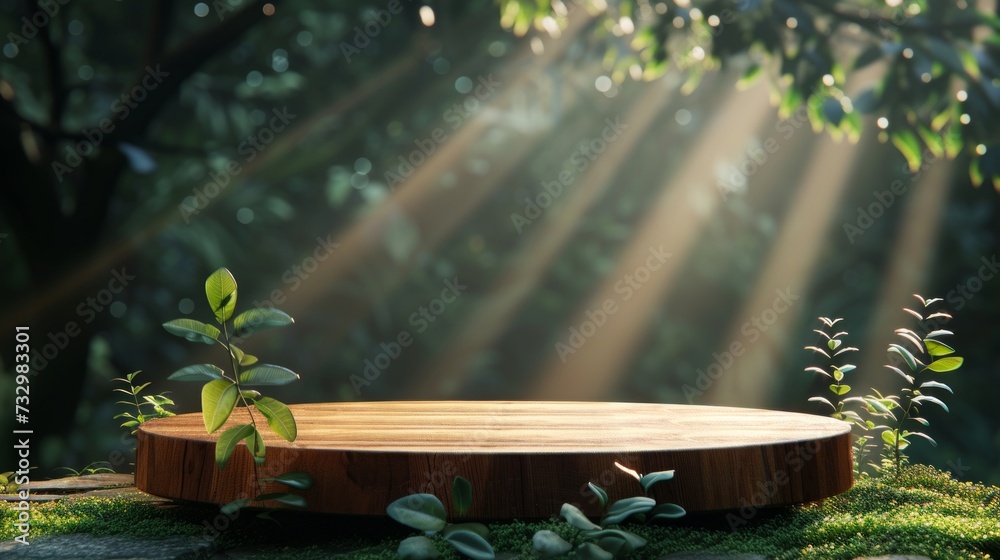 Wooden stand for displaying products With green bokeh and sunlight in the background It creates a feeling of natural elegance and sophistication.