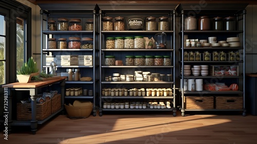 A functional and organized pantry with adjustable shelving and storage bins